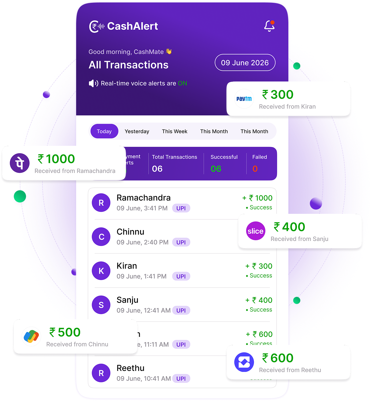CashAlert app on phone showing payment alerts